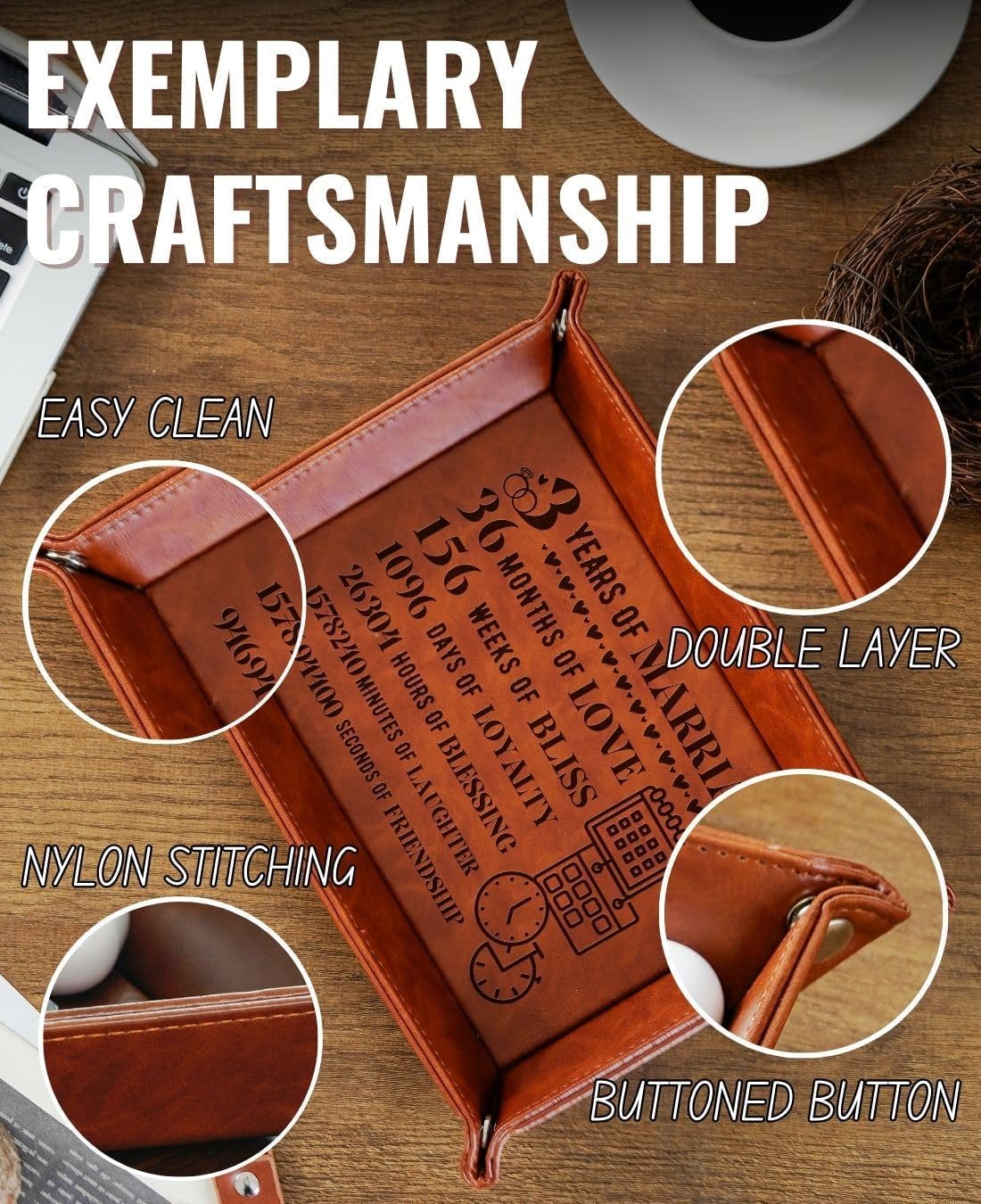 INNObeta Gifts for 3 Year Leather Anniversary for Her, Him, Men, Husband, Gifts for 3rd Anniversary, Marriage Engraved Leather Valet Tray for Anniversary, Birthday - 3 Years