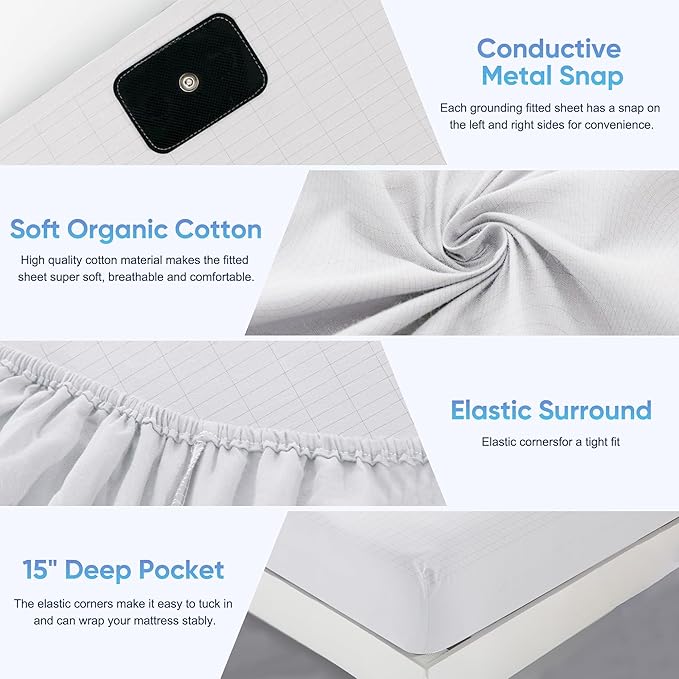 Grounding Sheet Queen Size - 95% Organic Cotton + 5% Pure Silver Fiber, Earth Connected Bedding (60"x 80"x 13" White) Fitted with Cord