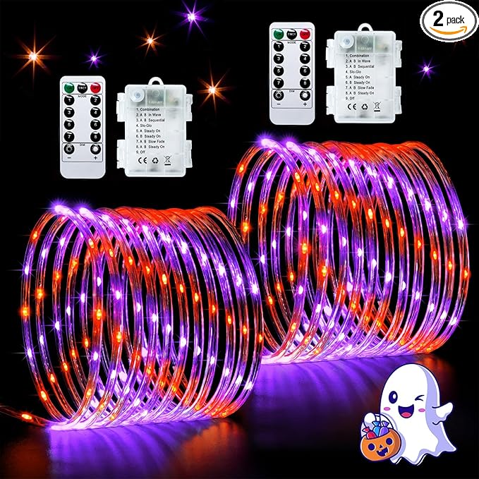 JMEXSUSS 2 Pack Orange and Purple Battery Operated Halloween String Lights Outdoor Warterproof Total 200LED 8 Modes Battery Powered Rope Lights Outdoor with Remote for Halloween Decor