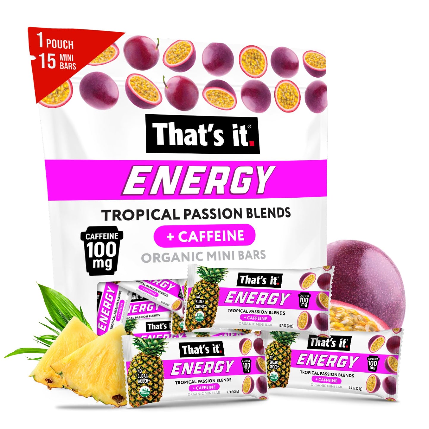 That's it. Tropical Passion Energy Mini Bars | 100mg Natural Caffeine |Pineapple Passionfruit| Allergy-Friendly, Nut Free, Organic, Non-GMO, Gluten-Free Snacks | 15 Count