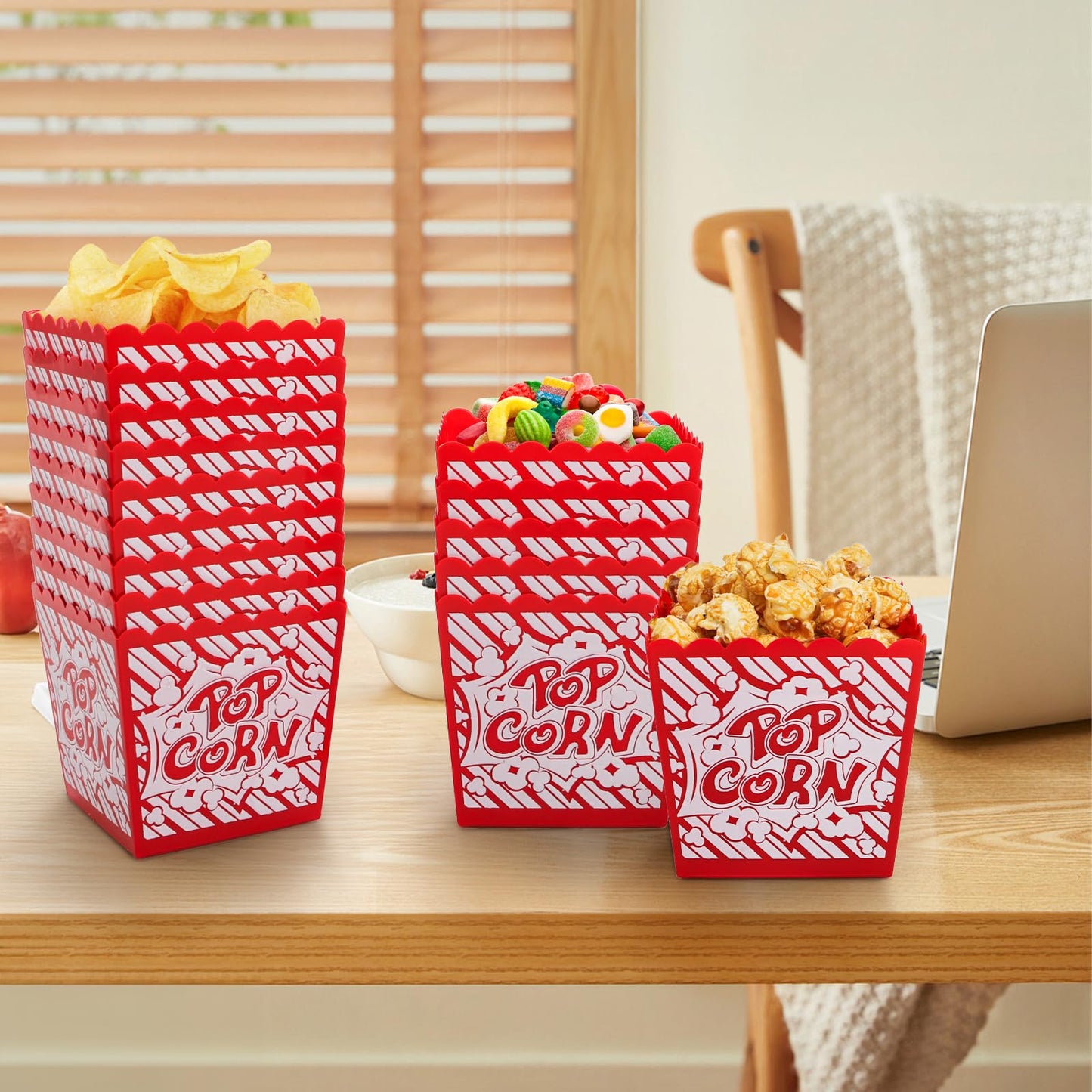 Covzoe 30 Packs Plastic Popcorn Box, Reusable Open-Top Popcorn Containers Bulk, Classic Red & White Striped Snack Bowls Bucket Tub for Movie Night, Party, Square 3.8 x 3.8 Inch