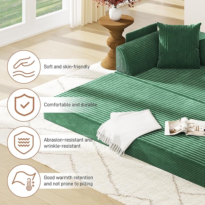 Folding Convertible Sofa Bed with 3 Pillows, 79 " Corduroy Boneless Couch with Armrest Pockets, Lounge Loveseat Sleeper with Pull Out Bed, Memory Foam Compressed Sofa for Living Room Bedroom, Green