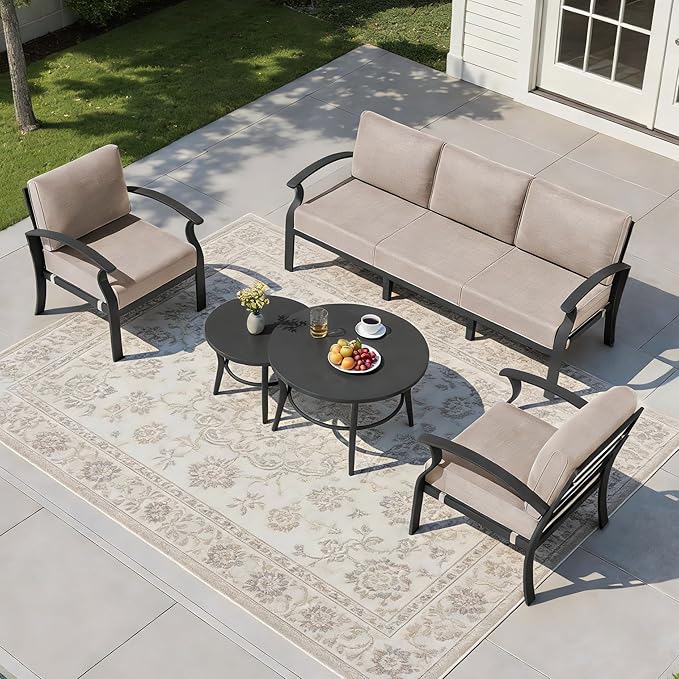 RTDTD Aluminum Outdoor Patio Furniture Set,5 Seats Patio Conversation Sets with 2 Round Coffee Tables,Metal Patio Sectional Furniture Set with 5.1" Thickened Cushions,Sand