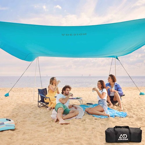 ADesign Windproof Beach Tent Sun Shelter with 8 Sandbags, Large Family Sun Shade with Sand Shovel, UPF50+, 6.3 FT Tall, Outdoor Easy Setup Beach Canopy for Vacation, Camping, Picnics