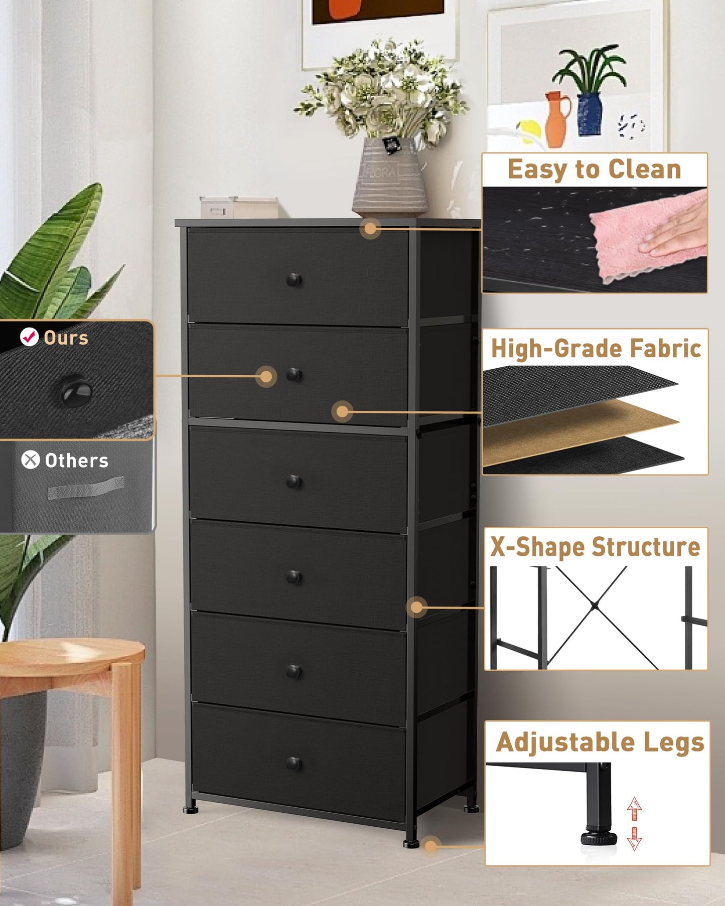 Tall Fabric Dresser for Bedroom, Vertical Storage Organizer Tower with 6 Drawers, Chest of Drawers with Bins, Steel Frame, Wood Top for Bedroom, Closet, Entryway Black