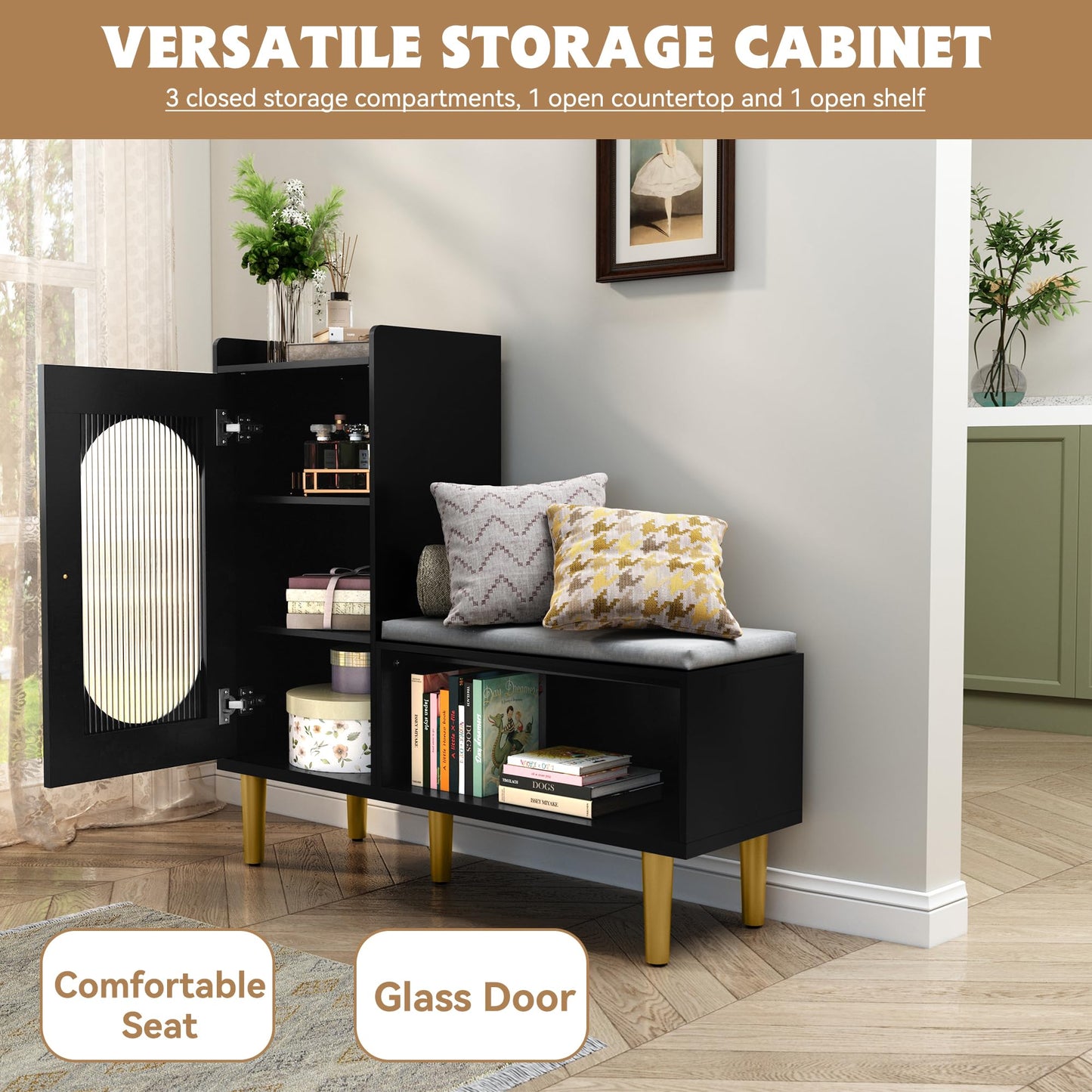 HLR Storage Bench with Glass Door&Shelf, Modern Entryway Shoe Cabinet Bench with Padded Seat, L-Shaped Storage Cabinet for Hallway, Bedroom, Living Room, Office, Black
