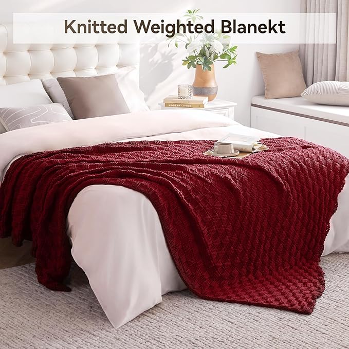 Knitted Weighted Blanket for Adult, No Beads Heavy Blanket 60” x 80'' 12lbs, Breathable Chunky Knit Blanket, Cooling Weighted Blanket for Hot Sleepers, Christmas Home Decor (Red)