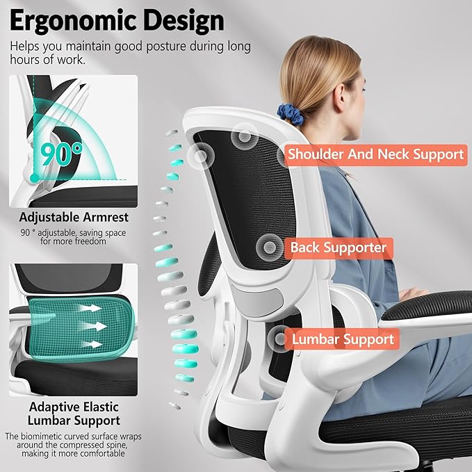 BESTFAIR Office Chair Ergonomic Desk Chair, Breathable Mesh Comfy Chair with Lumbar Support, Computer Chair, Home Desk Chair with Flip-up Armrests, Gaming Chair for Adults Home Office (White)