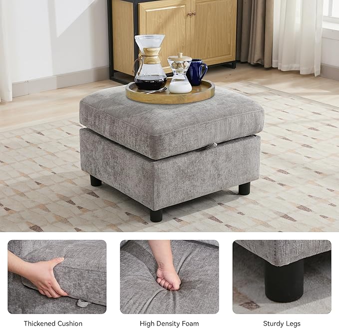 WUTUTUEE 25”Square Storage Ottoman Module for Modular Sectional Sofa, Living Room Coffee Table Sectional Ottoman Footrest for Convertible Couch, Chenille Light Grey