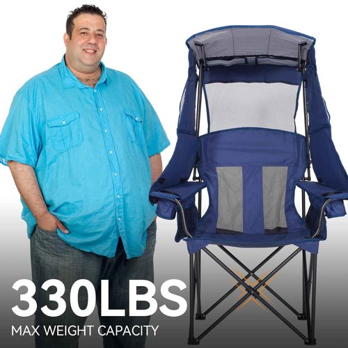 Huskfirm Camping Chair with Canopy Shade - Folding Beach Chair with UPF 50+ Sun Shade, Cup Holder, Side Pocket, Portable Sports Chair for Adults Support 330 LBS, Fishing Camp Outdoor Lawn Chair - Blue