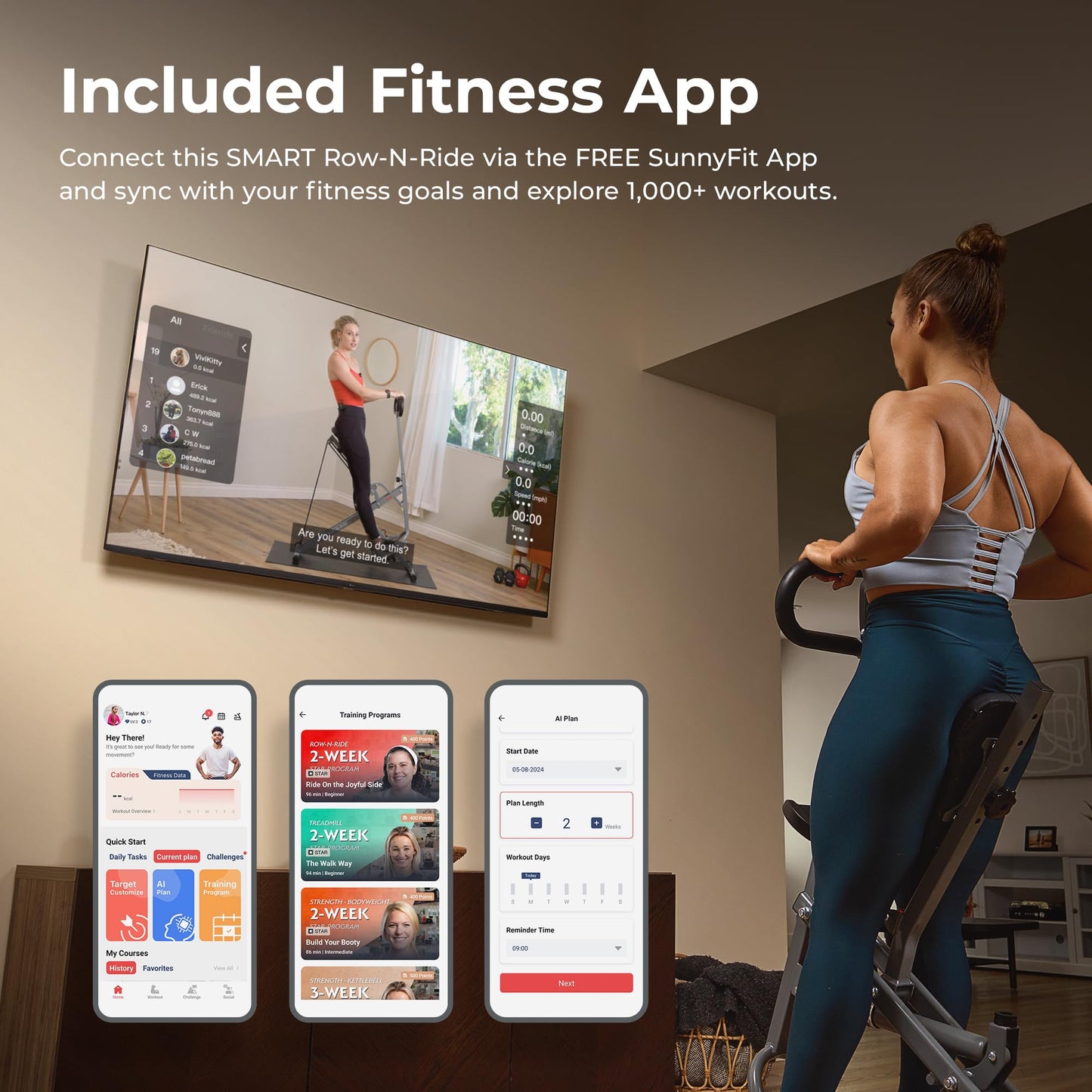 Sunny Health & Fitness Row-N-Ride Pro-Smart Squat Assist Trainer Full Body Fitness Machine, Easy Setup Rower, Glute & Leg Cardio Workout, Included SunnyFit App Connection - SF-A023053