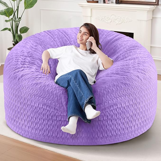 6FT Bean Bag Chair,Giant Bean Bag Chairs for Adults,Big Bean Bags with Memory Foam Filled, Large Beanbag Chairs with Chevron Plush Cover-Purple