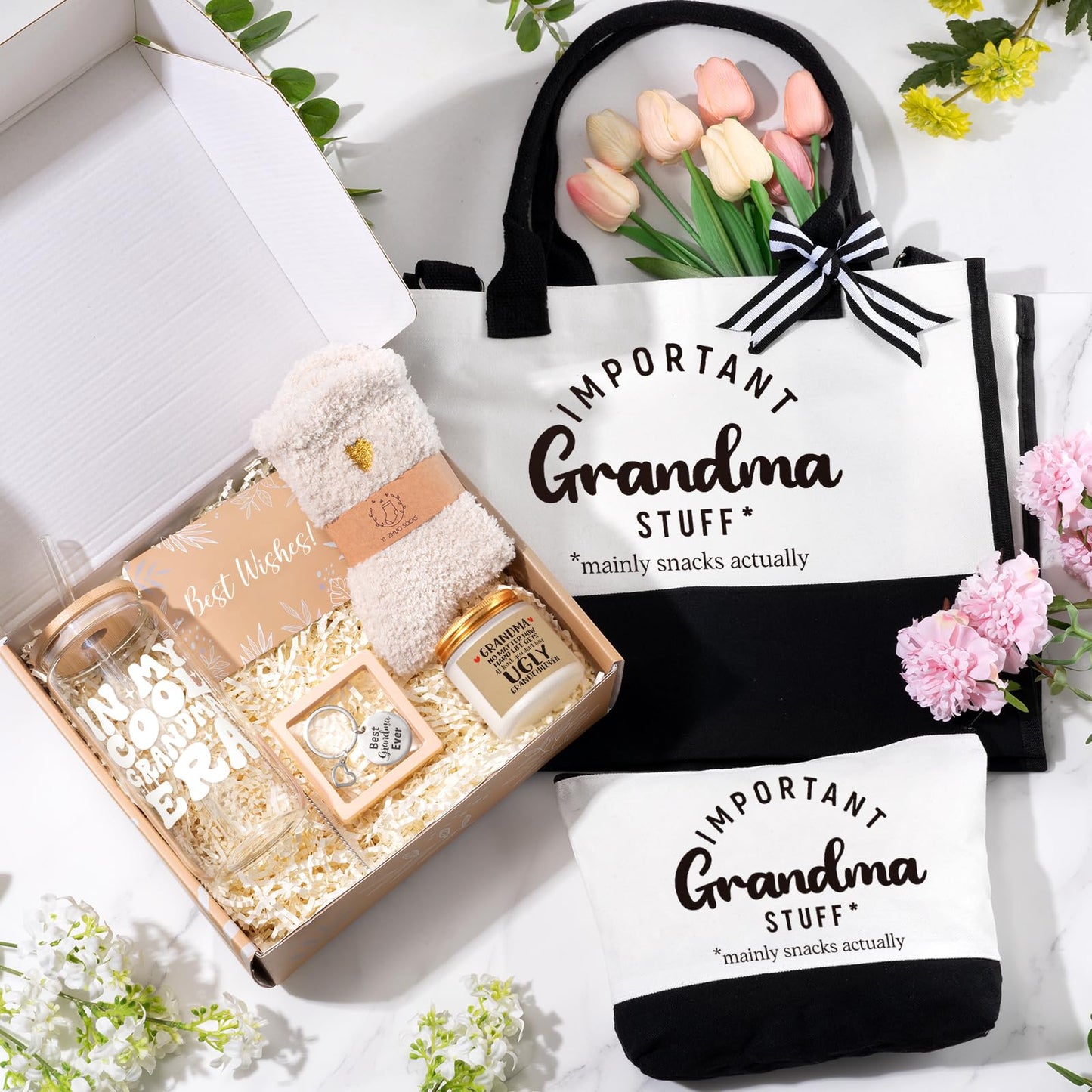 iAOVUEBY Mothers Day Gifts for Grandma, Birthday Gifts for Grandma, 16 Oz Glass Cup Tote Bag Makeup Bag Gift Basket from Granddaughter Grandson, Christmas Thanksgiving Ideas for Grandmother