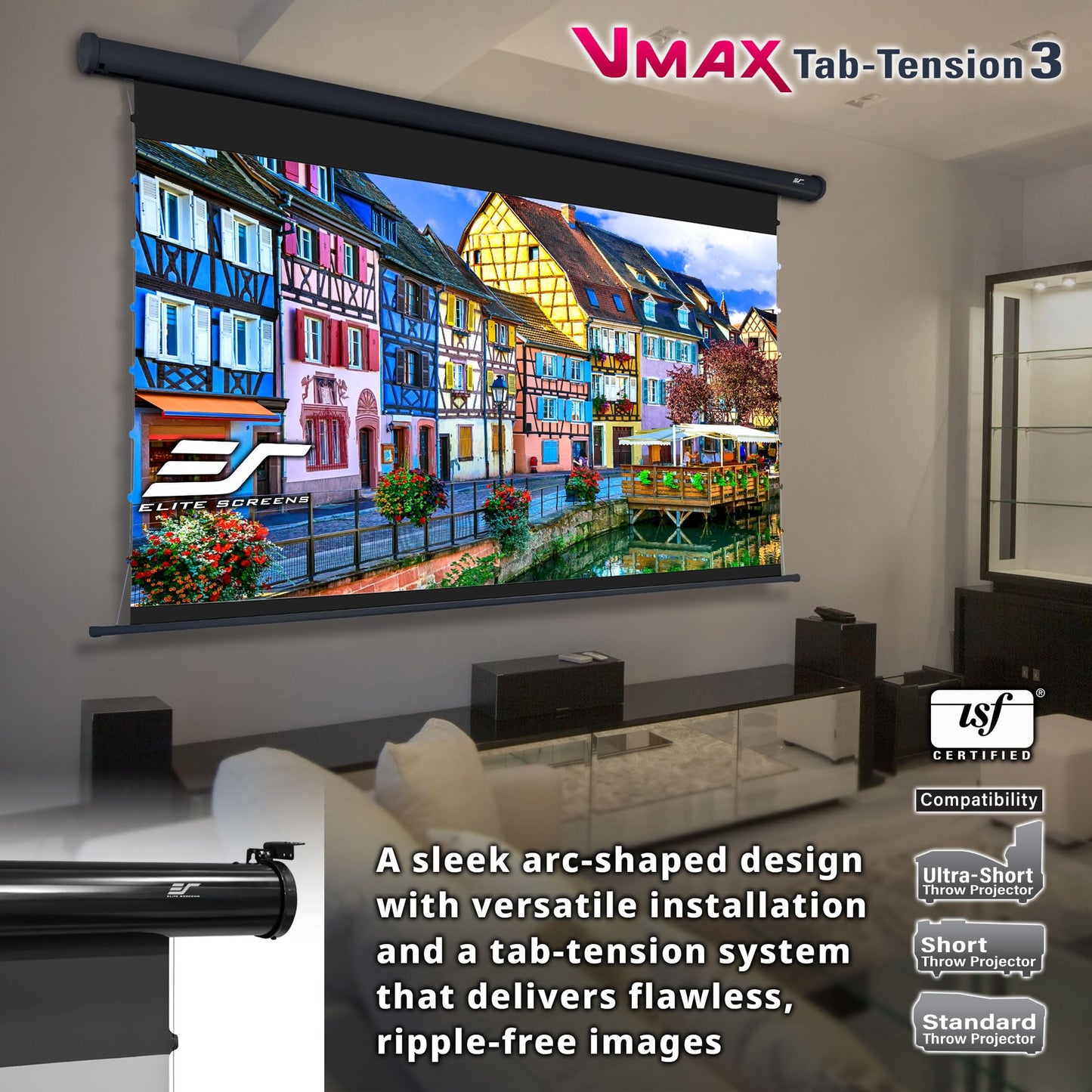 Elite Screens VMAX Tab-Tension 3 Series, 138 INCH Motorized Projector Screen, 16:9 CineGrey High Contrast Electric Drop-Down, 4K/8K HDR, IR/RF Remote, VMAXT138UCH3