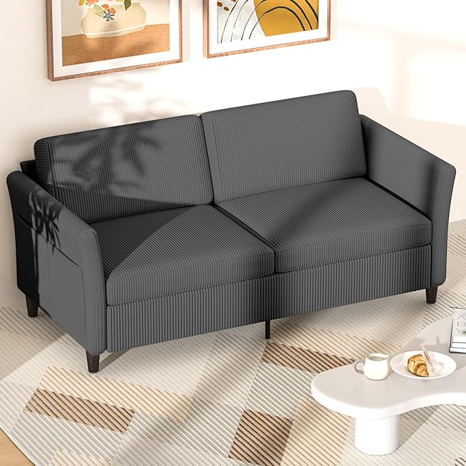 Valthie 79.1" Corduroy Loveseat Sofa, Modern Comfy Couches with Side Pocket, 3-Seater Sofa Couch for Living Room, Bedroom and Small Spaces,Grey