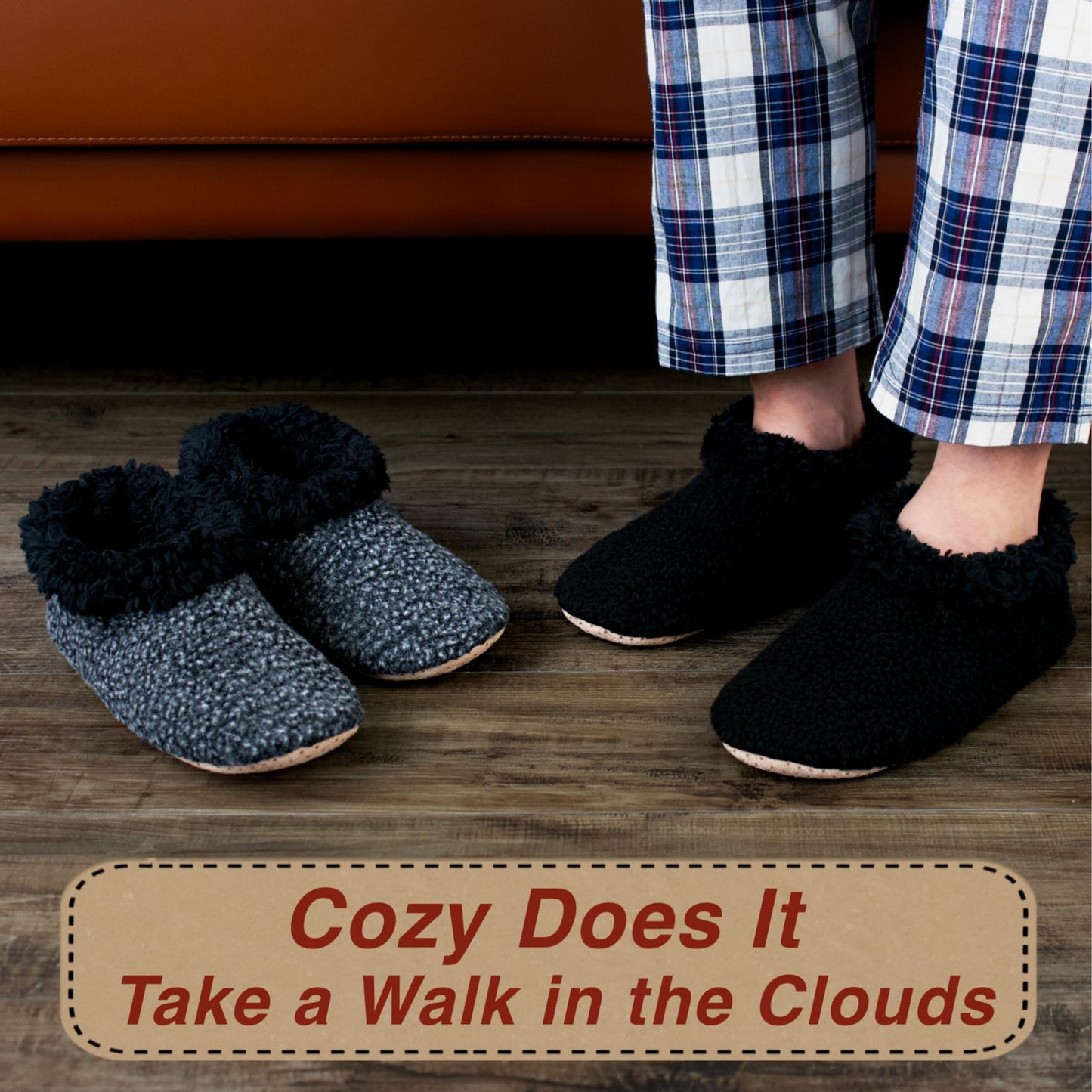 cosyone1997 2-Pair Soft Slippers for Men Indoor Sherpa Fleece Lined, Bedroom Fuzzy Socks Non-slip Gripper Soles, Winter Warm House Shoes, Cozy Gifts for Christmas Birthday Unique, Adult Size 10-11