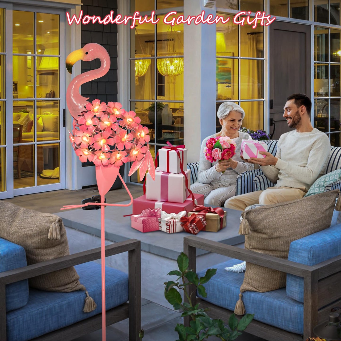 Homeimpro Garden Solar Lights Flamingo Decor Gifts for Women Yard Outdoor Decorations Stake Lights, Waterproof Warm White 27 LED for Lawn,Patio, Courtyard, for Mom Grandma