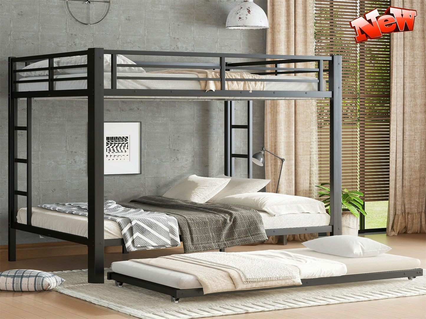 NOAHLEO Stronger & Safer Heavy Duty Metal Queen Over Queen Size Bunk Bed for Adults Teens, More Stable Thickened Steel Bunkbed (Queen Over Queen with Twin Trundle)