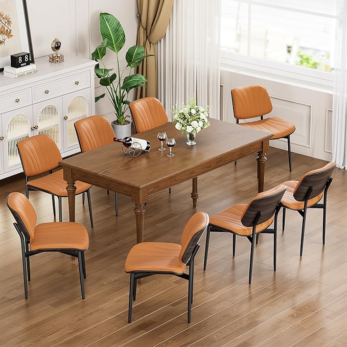 YaFiti Dining Chairs Set of 2, Mid Century Modern Dining Room and Kitchen Chairs, Upholstered PU Leather Chairs with Walnut Bentwood and Metal Legs, Orange