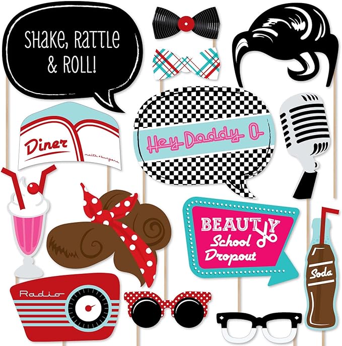 Big Dot of Happiness 1950s Sock Hop Photo Booth Props Kit, 20-Piece Retro Rock N Roll Party Accessories, 50s Vintage Style...