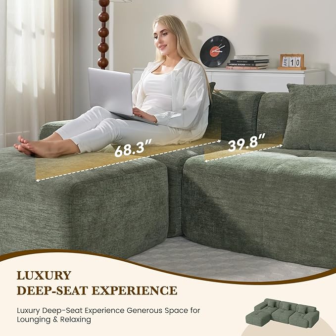 158" U Shaped Convertible Modular Couch, Cloud Couch Sectional with Ottoman, 6-Seater Chenille Boneless Couches for Living Room, Apartment, No Assembly, Green 1PCS