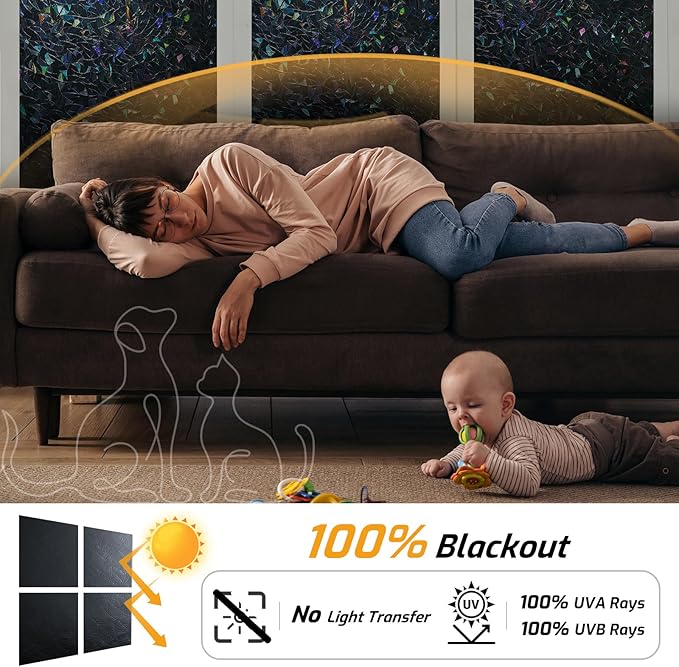 LUTE Black Out Window Film, Sun Light Blocking Window Film for Room Darkening Day Sleep, 100% UV Blocker Stained Glass Blackout Cover, Rainbow Black Out Shades Tint for Home 17.5" x 78.7"