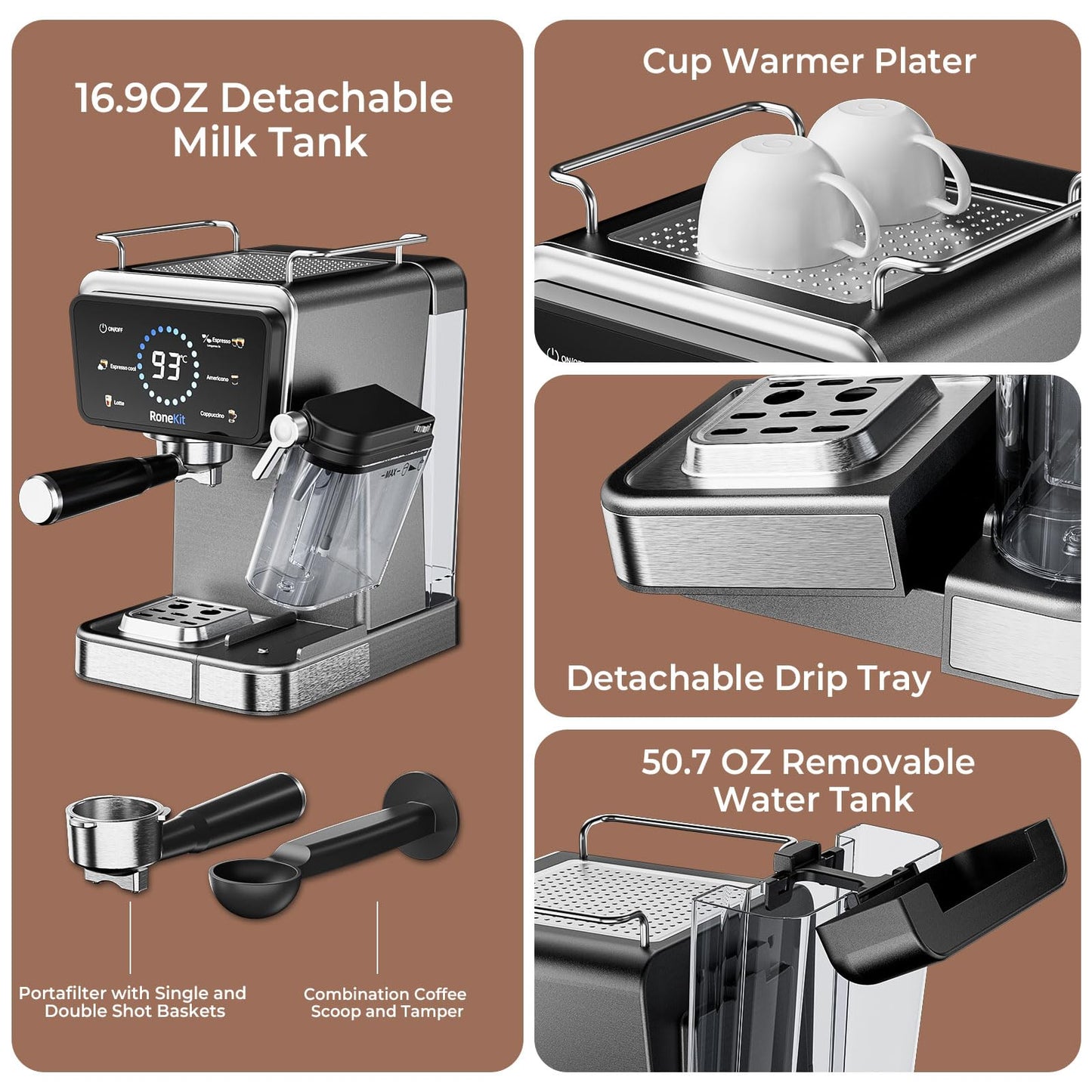 RoneKIT Espresso Machine with Automatic Milk Tank,Espresso Cool & Cappuccino Machine, 20Bar Espresso Coffee Machines, Touch Screen with Timer, 50.7Oz Removable Reservoir, Black