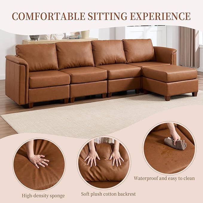 Atrtivoent 111.8" Modular Sectional Sofa,Modern L Shaped PU Leather Sofa with Storage,5 Seat Deep Seat Sectional Couch for Living Room,Brown