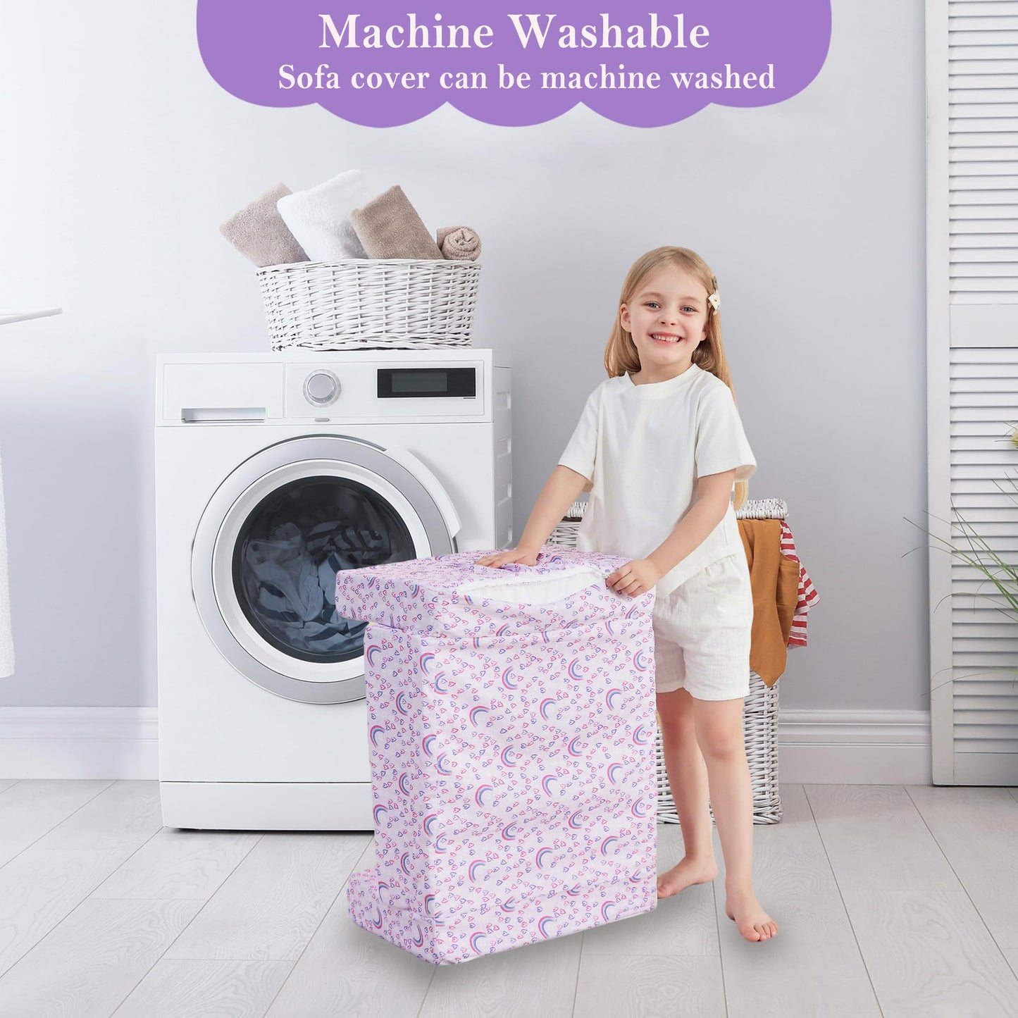 lasoftan Kids Sofa for Toddler, 2-in-1 Toddler Couch Fold Out, Convertible Sofa to Lounger Bed for Girls and Boys, with Removable Cover & Double Pockets - Purple Rainbow