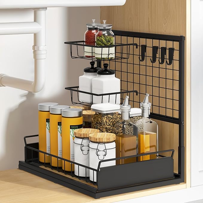 Under Sink Organizer Shelves, Pull Out Cabinet Organizers, Metal Hook Shelf Sliding Drawers for Kitchen Bathroom Closet Organization and Storage