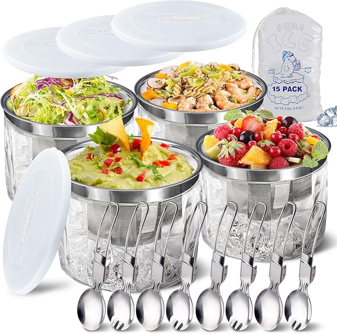 LIMOEASY Chilled Dip Bowl (4 Pack), 25oz Ice Serving Bowl with Lid for Parties, Cold Serving Dish for Hummus, Salsa, Guaca...