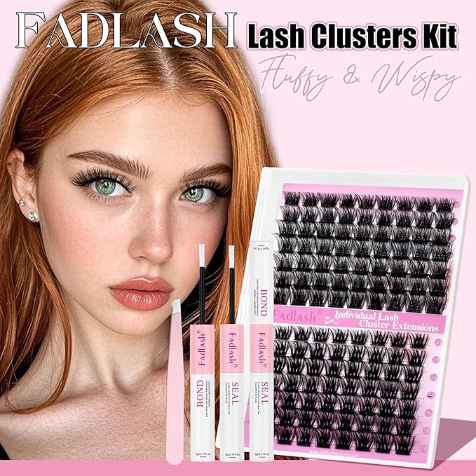 FADLASH Lash Extension Kit Lash Clusters Kit 10-18mm Eyelash Cluster Lashes with Lash Bond and Seal Lash Tweezers DIY at Home (KLS52+ZW03-07D-10-18 Kit)