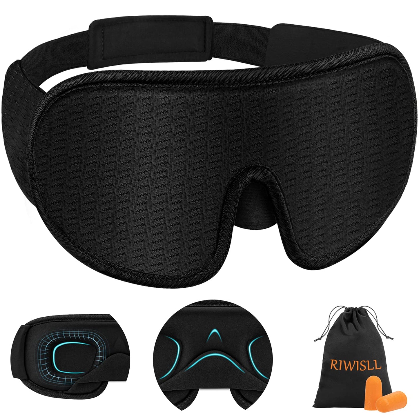 RIWISLL Sleep Mask, Super Soft 3D Contoured Cup Sleeping Mask, Upgraded 100% Blockout Light Sleep Masks for Women Men with Adjustable Strap, Comfortable Concave Molded Eye Covers for Sleeping, Black