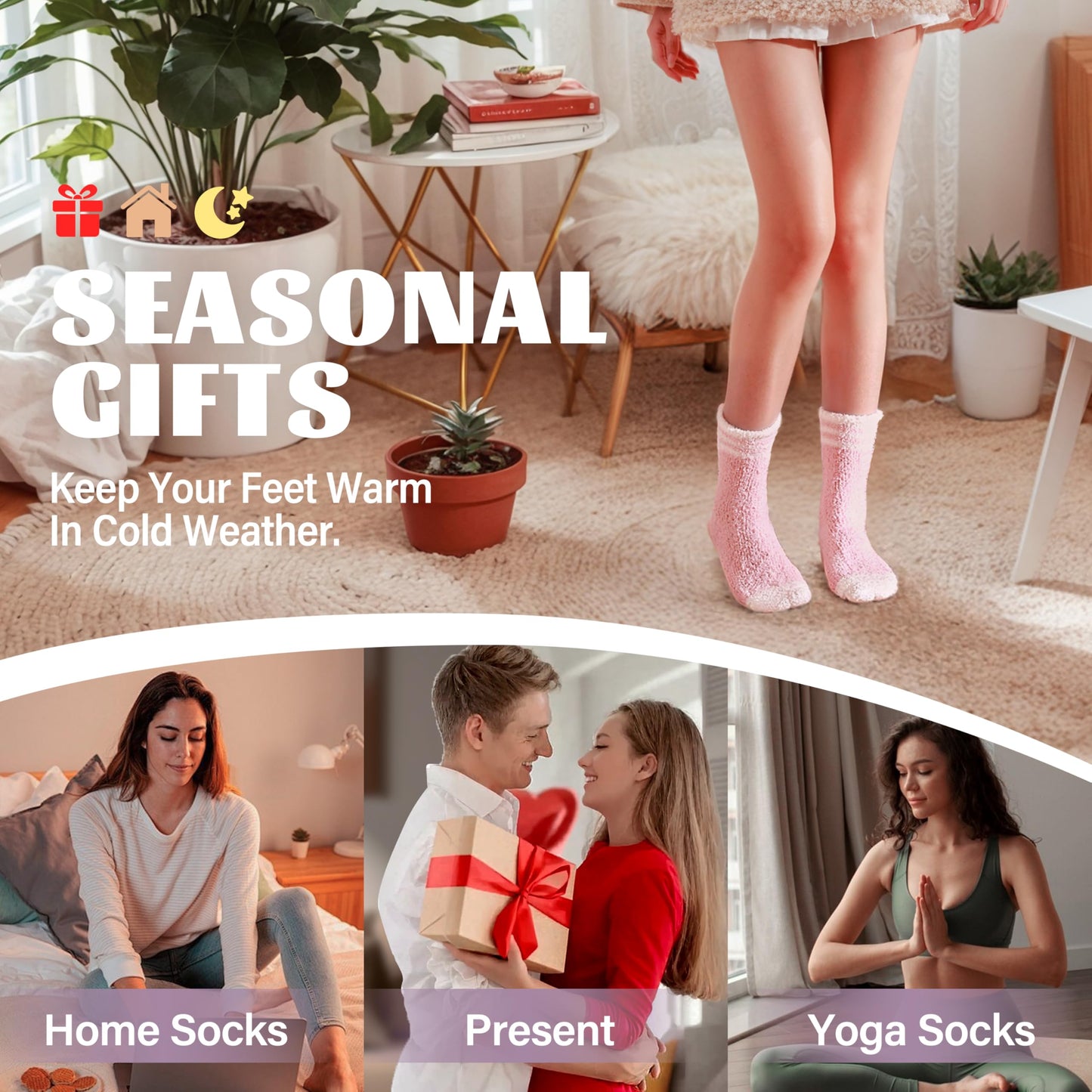 ANTSANG Fuzzy Socks for Women, Fluffy Warm Soft Slipper Socks for Winter & Home, Ideal for Teen Girls(Assorted Stripes)