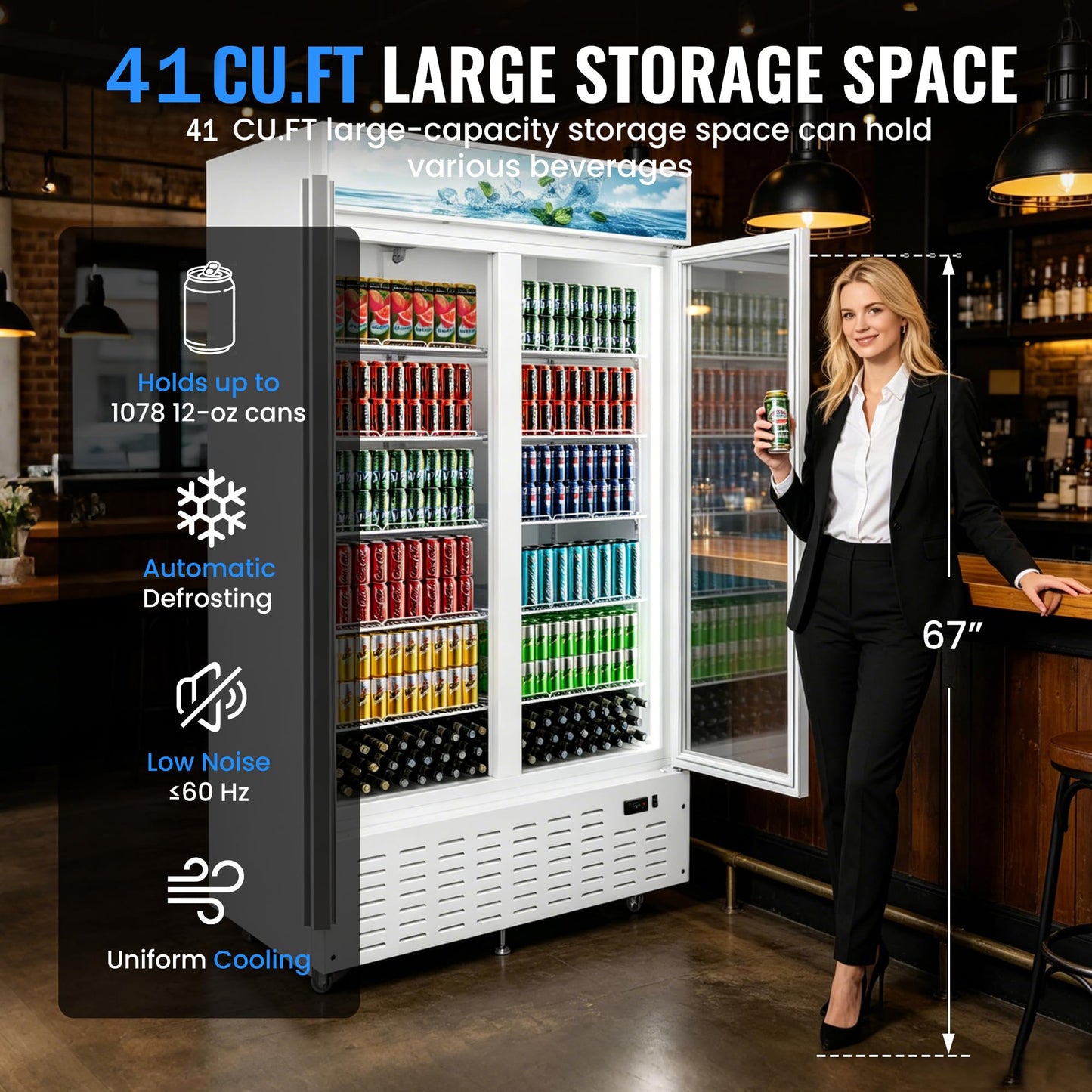Frostvale 41 Cu.Ft Commercial Display Refrigerator, White 2 Glass Door Beverage Cooler with Lighted Header, ETL Upright Merchandiser Fridge for Drinks, Soda, Beer, Restaurant, Store