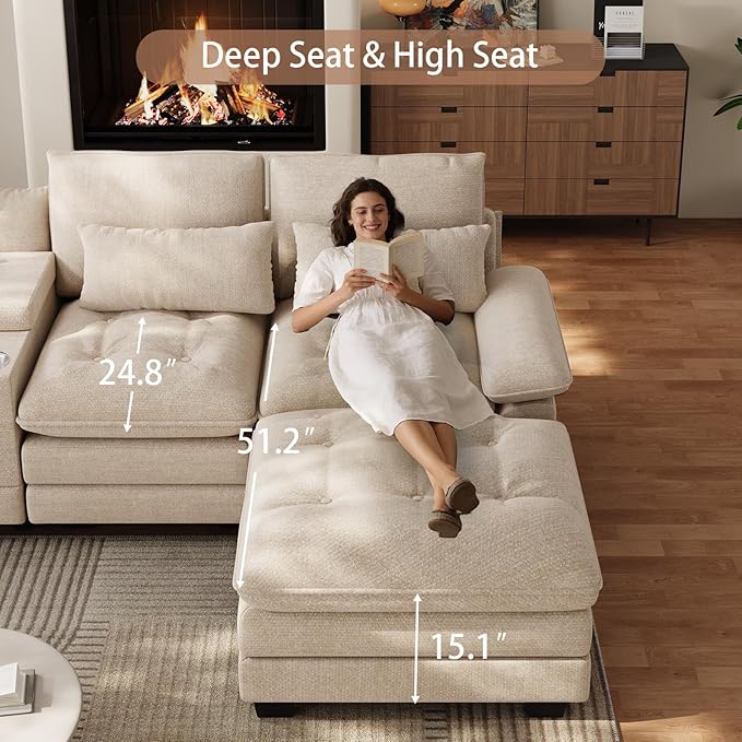 BEQAI 134"U Shaped Sectional Couches for Living Room, Oversized Modular Sectional Fluffy Couch with 2 Ottoman & Storage Console,Modern 6 Seat Living Room Sofa with Glitter Fabric,Tufted Buttons, Camel