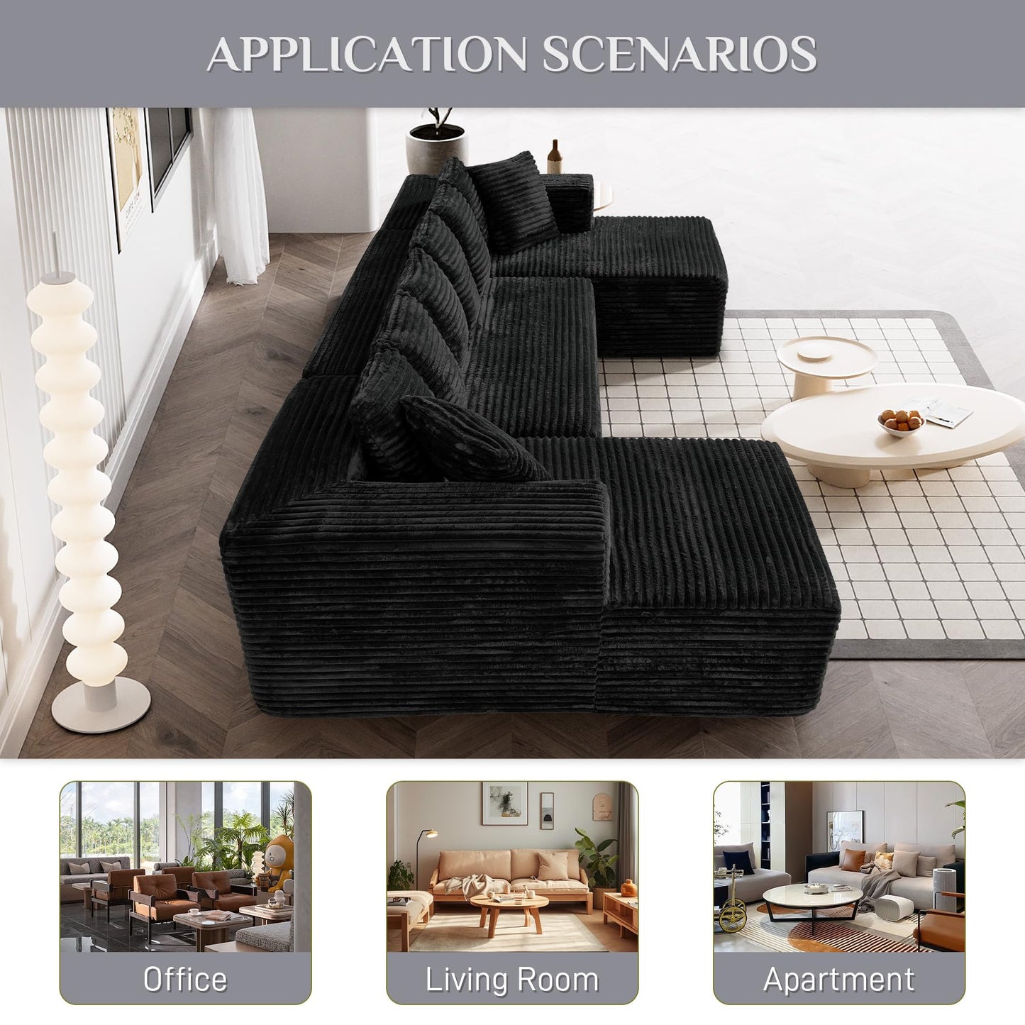 ONEMMLION 131" Modular Sectional Sofa Cloud Couch, Corduroy Memory Foam Black Sectional Couches for Living Room, Modern Deep Seat Boneless Sofa, Comfy Fluffy Plush U Shaped Couch with Chaise Lounge