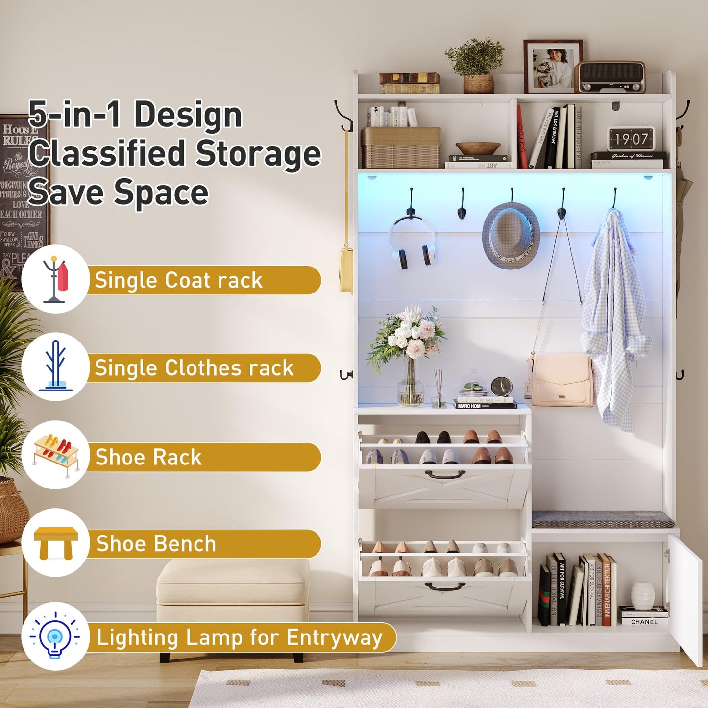 Maupvit Hall Tree with Shoes Storage Bench, Entryway Storage Slim 78" Coat Rack, 9 Hooks & 2 Flip-Drawers Shoe Cabinet, Adjustable LED Sensor Light, Space-Saving for Small Apartments, Mudroom