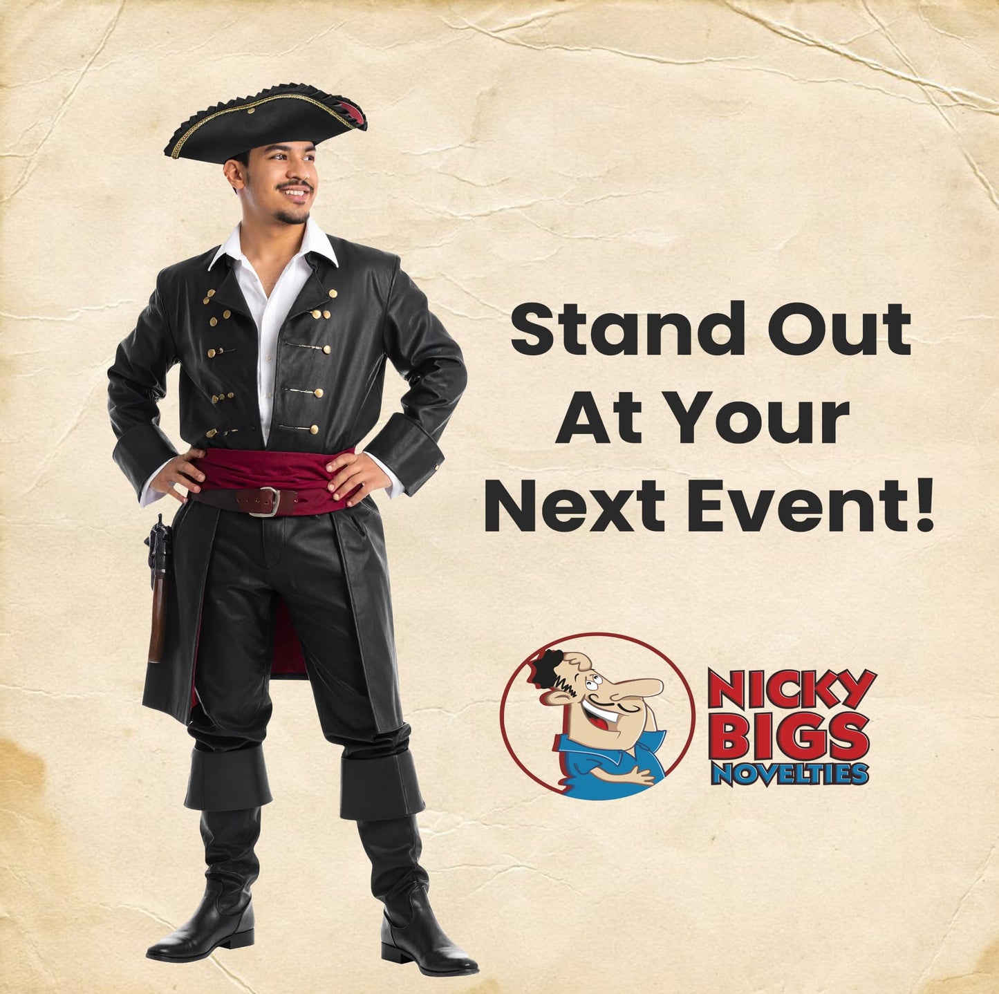 Nicky Bigs Novelties Adult Deluxe Black Tricorn Tricorner Pirate Hat Buccaneers Cap Costume Accessory