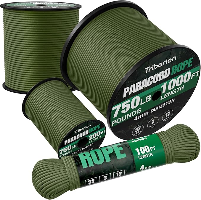 TRIBERION Paracord Rope 750 lb - 1000ft / 500ft / 200ft / 100ft 5/32" Parachute Cord 4MM 12-Strand para Cord - Heavy Duty ...