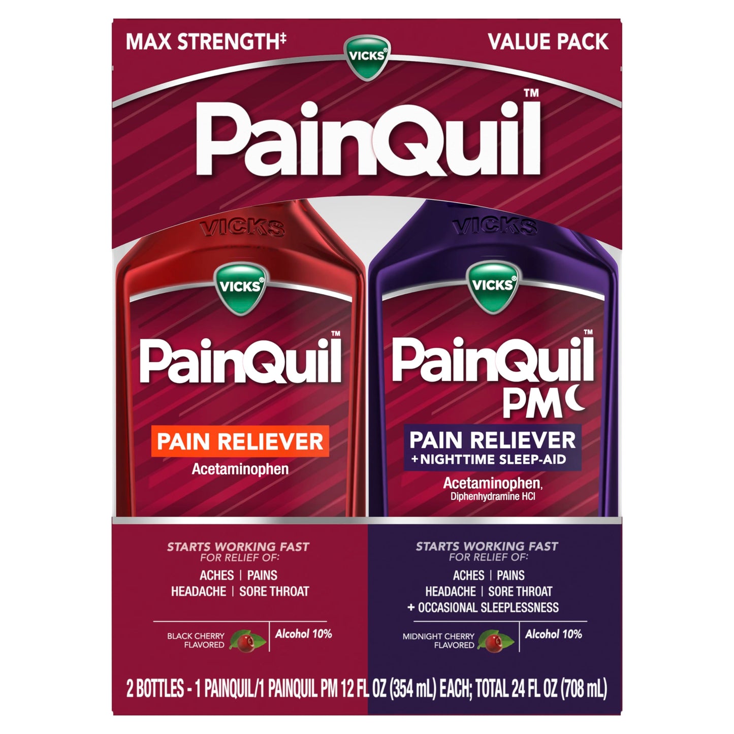 Vicks PainQuil & PainQuil PM Pain Relief Liquid, 1000mg Acetaminophen, 2x12 oz