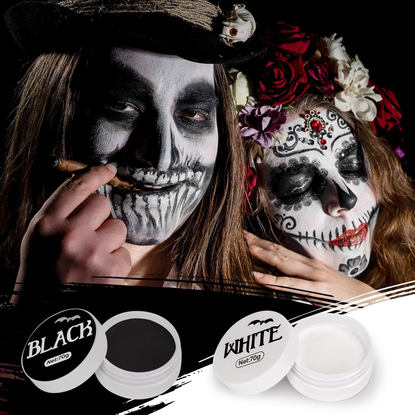 Black and White Face Body Paint with 2 Brushes and 2 Sponges, Non Toxic and High-capacity Cospaly Accessories for Kids & Adults, Art Special Effects Makeup Kit for Halloween Vampire and Clown Makeup