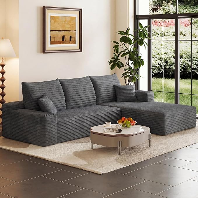 95" Cloud Sectional Couch with L-Shape Chaise, Modern Corduroy Boneless Couch for Living Room,Memory Foam Sofa with Deep Seat,No Assembly Required (Dark Gray,Right-Facing Chaise)
