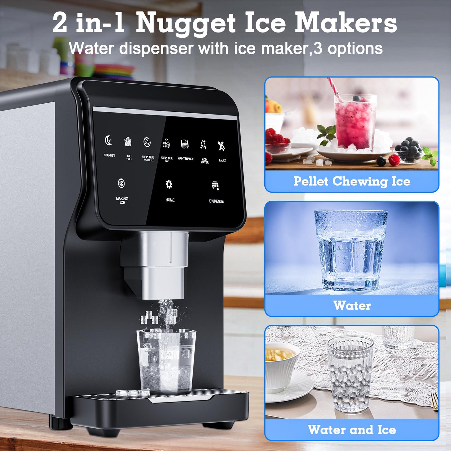 2-in-1 Nugget Ice Maker 66Lbs/24H Soft Chewable Ice, Built-in 6lbs Ice Storage,One-Button Operation Stainless Steels Nugget Ice Machine, Self-Cleaning Function for Office,Party, Home,RV