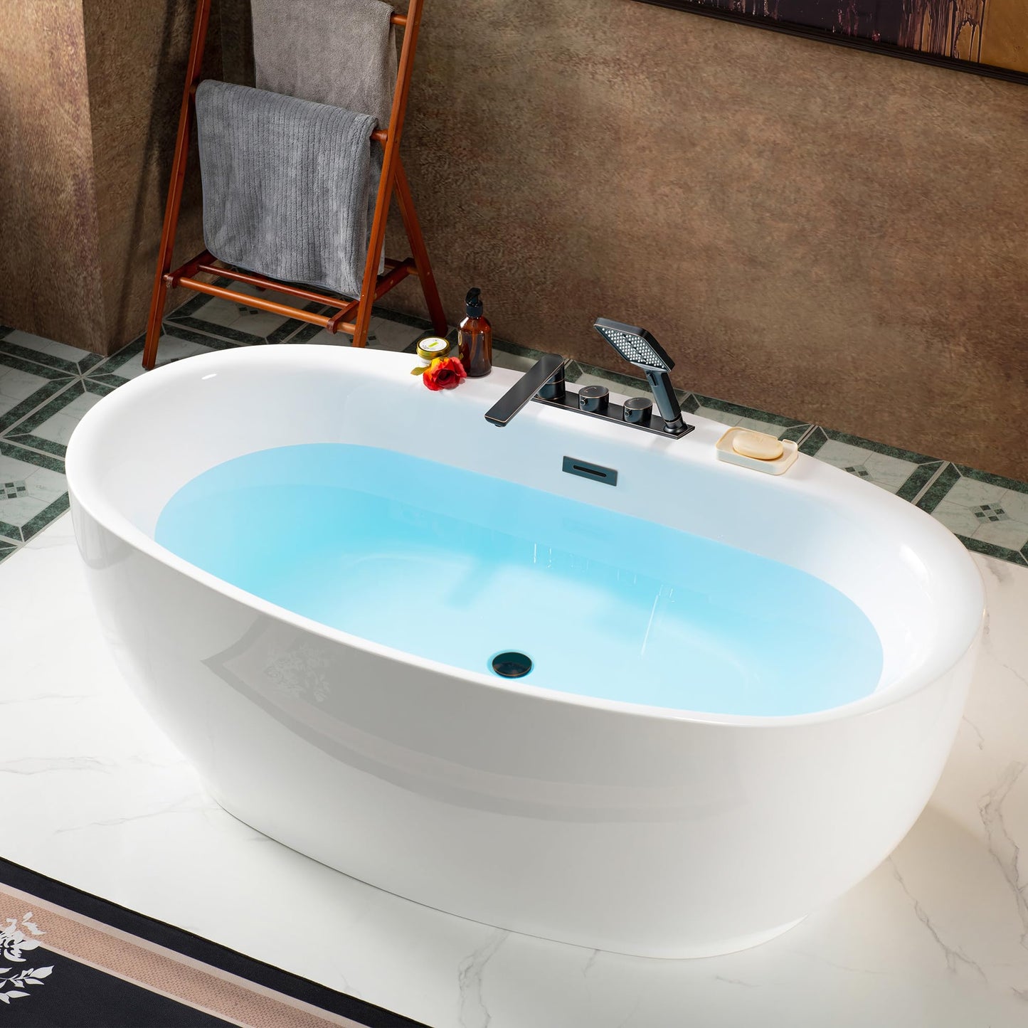 WOODBRIDGE 66" Acrylic Freestanding Bathtub Contemporary Soaking White Tub with F0044 Deck-Mount Faucet in Oil Rubbed Bronze