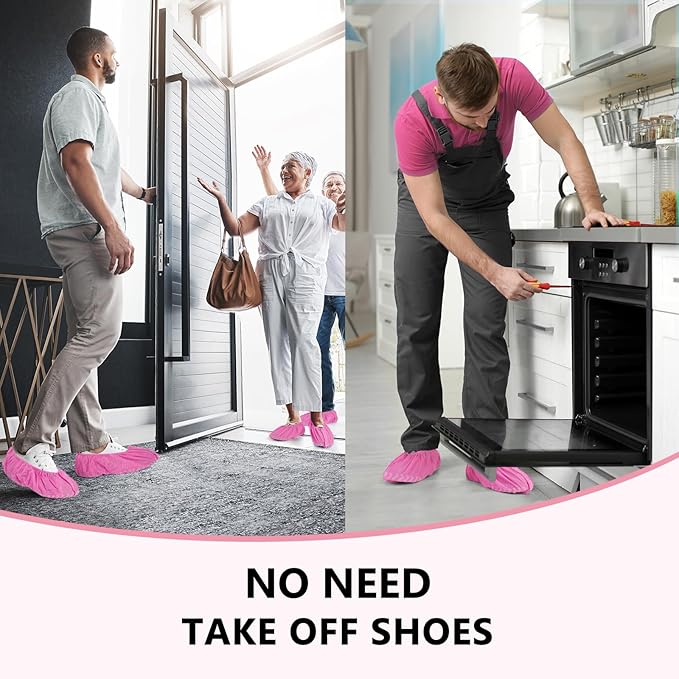 squish 200 Pack Shoe Covers Disposable Non-Slip, Pink Non-Woven Fabric Boot Covers for Indoors Breathable Slip Resistant Durable Boot&Shoes Cover, Protector Covers Fits Virtually Most Shoes