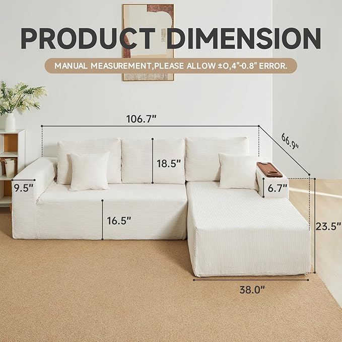 Modular Sectional Sofa Cloud Couch with Multi-Functional Armrests, Boneless Plush L-Shape Living Room Couch with Deep Seat, Fluffy Comfy Sleeper Sofa Easy Assembly (Beige, Left Chaise)