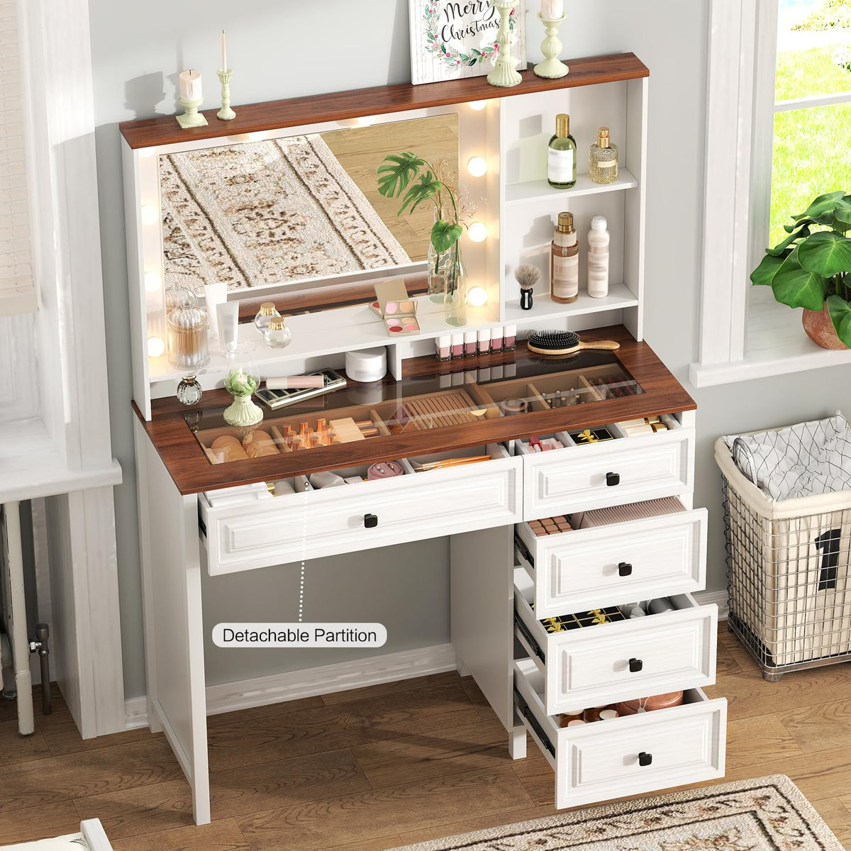 Arulvmrn 43" Large Vanity Desk with Mirror and Lights,Makeup Vanity with 10 Lights，Modern Makeup Table with 5 Drawers，Open Shelves for Bedroom Makeup Room