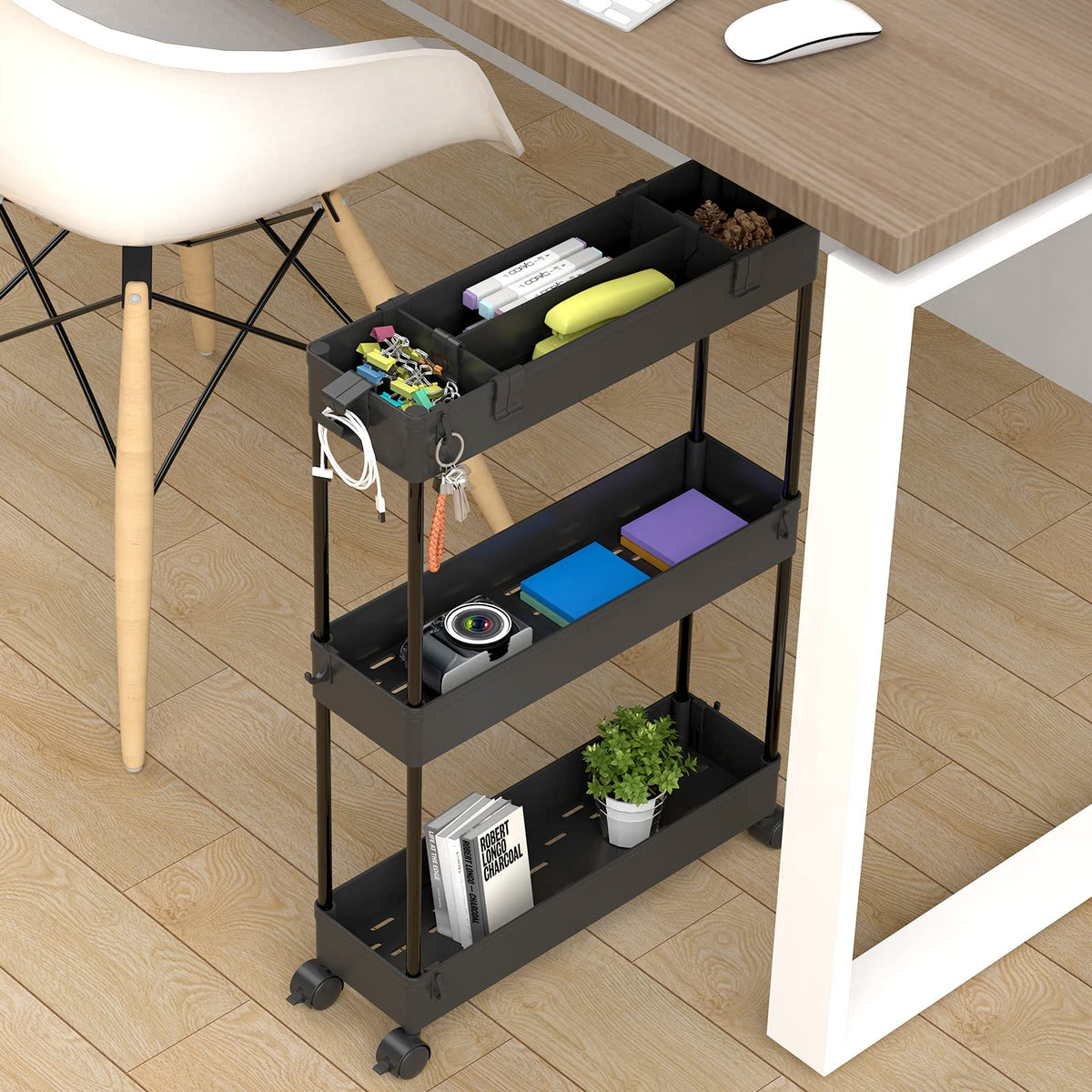 SPACELEAD Slim Storage Cart 3 Tier,Bathroom Organizer Rolling Utility,Mobile Shelving Unit Slide Out for Office, Kitchen, Laundry Room & Narrow Places,Black