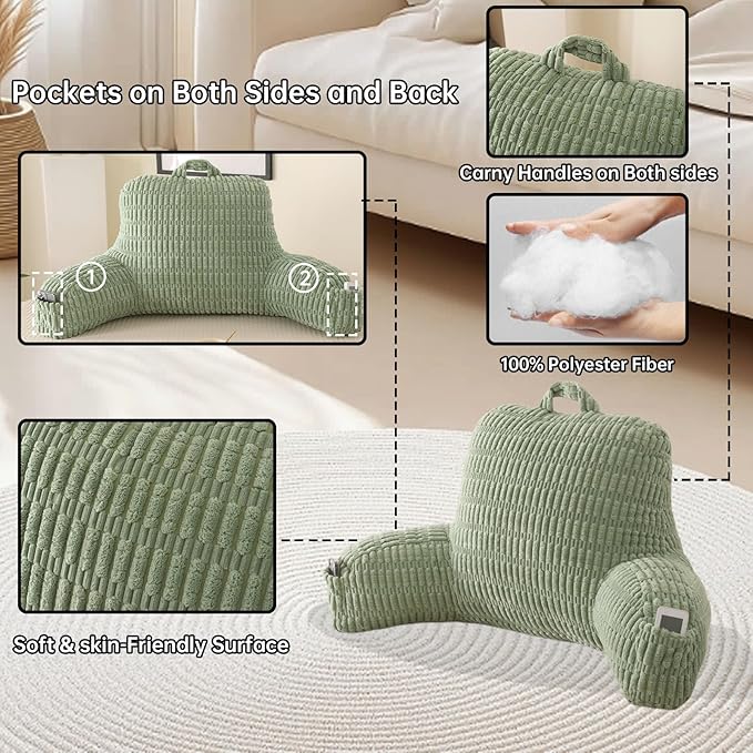 PAJEO Reading Pillow for Sitting in Bed, Large Backrest Reading Pillow with Arm Rest,Back-Rest Support Cushion for Sit Up on Couch, Sofa, and Floor, Dorm Essentials (Green Corduroy, Large(19"))